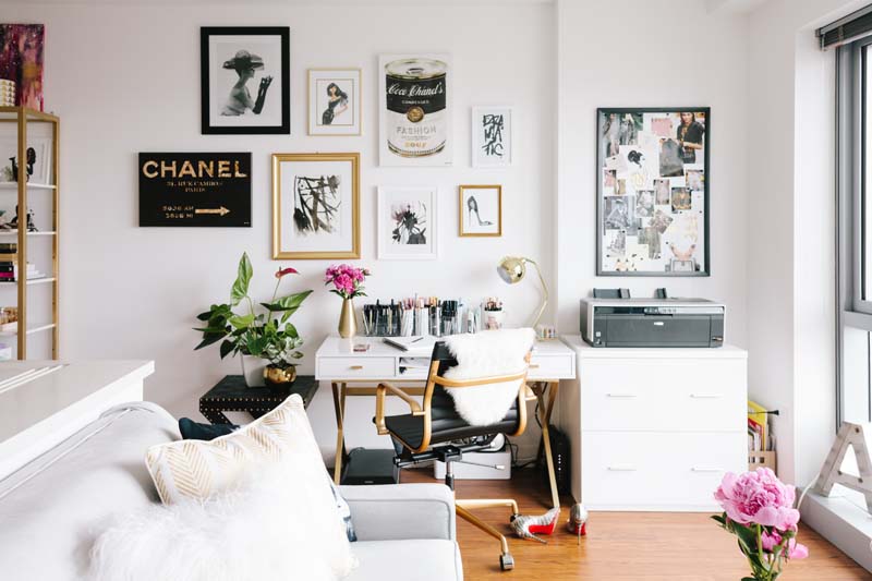 White gold and black office with a classy interior