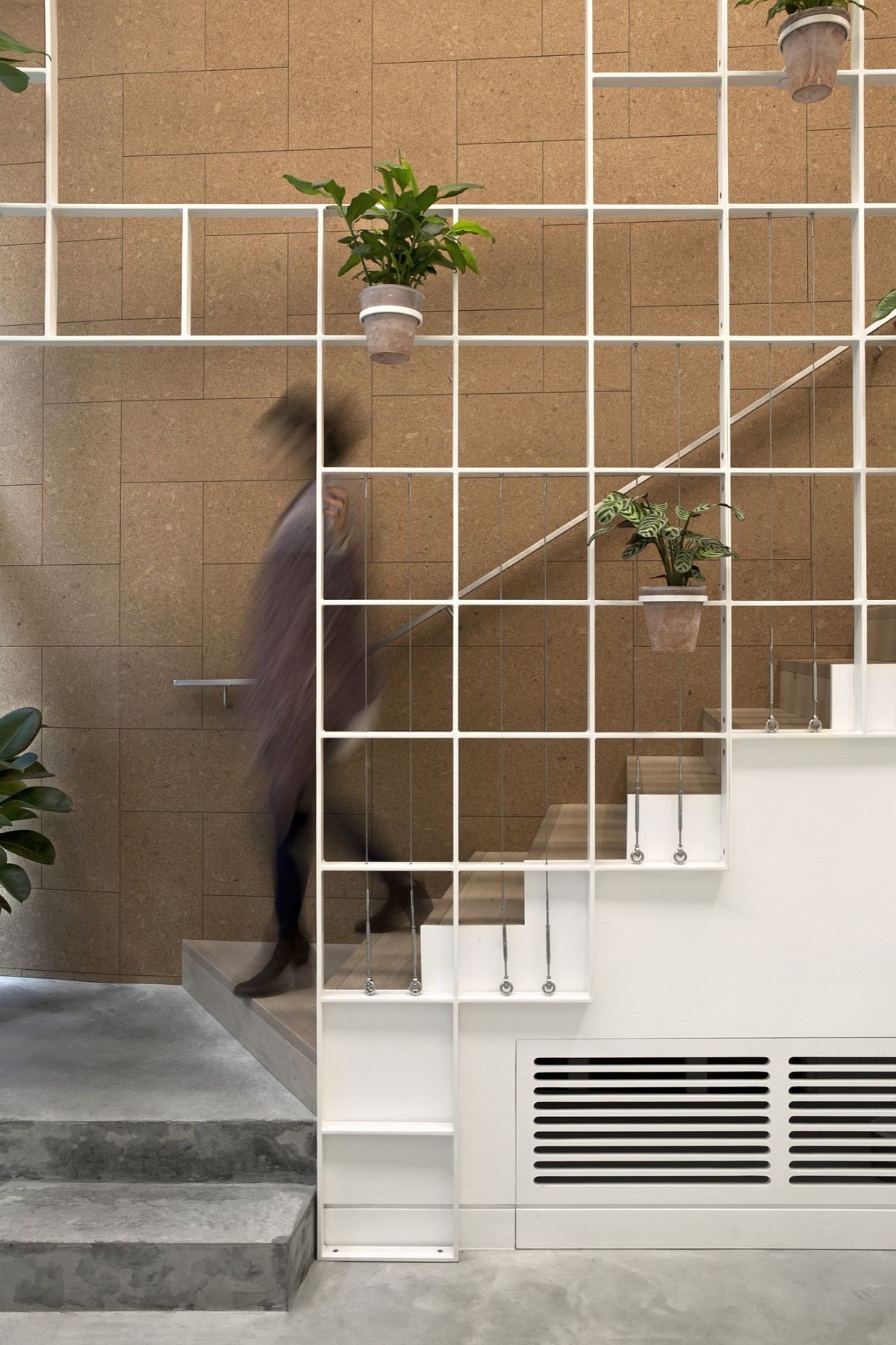 White metal grid holds plants, flowers and herbs