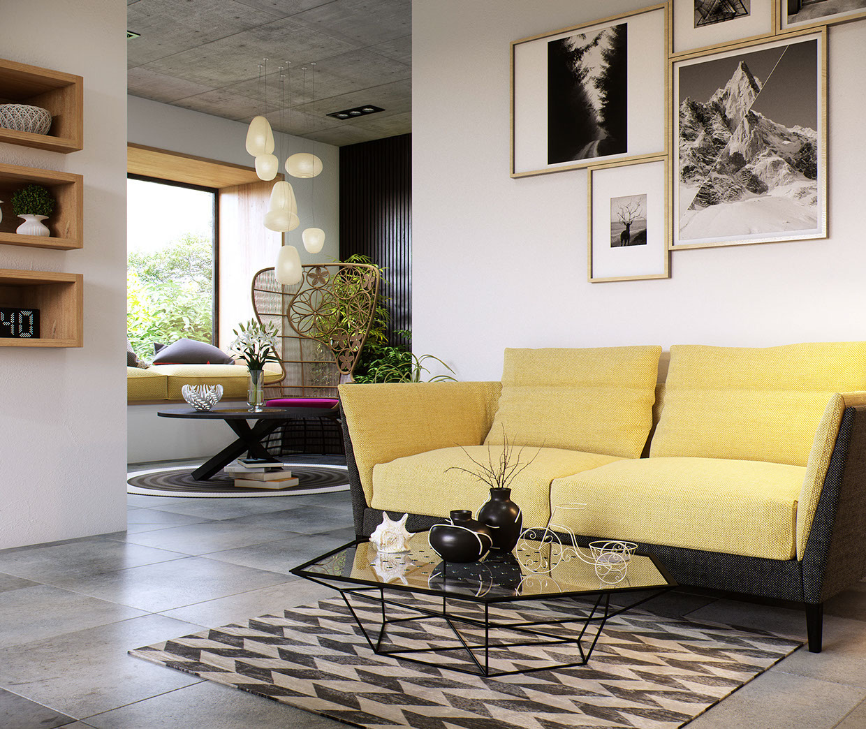 A yellow loveseat in an open living room