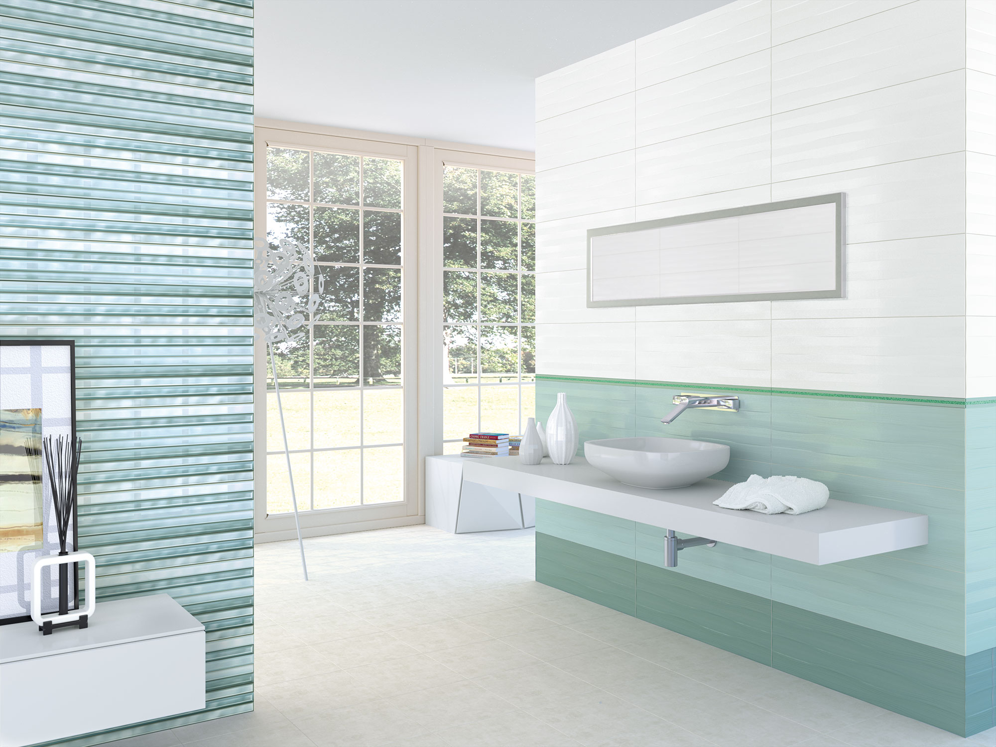 An open bathroom with a light turquoise interior