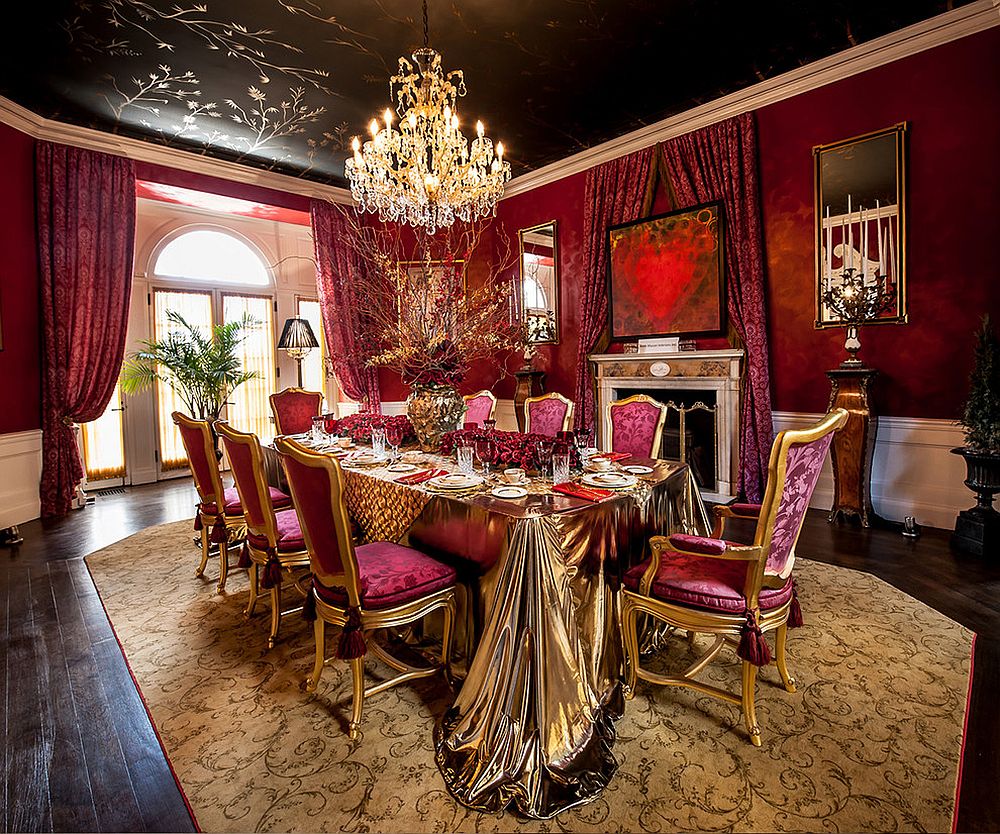 Awesome dining room in black, fuchsia and gold!