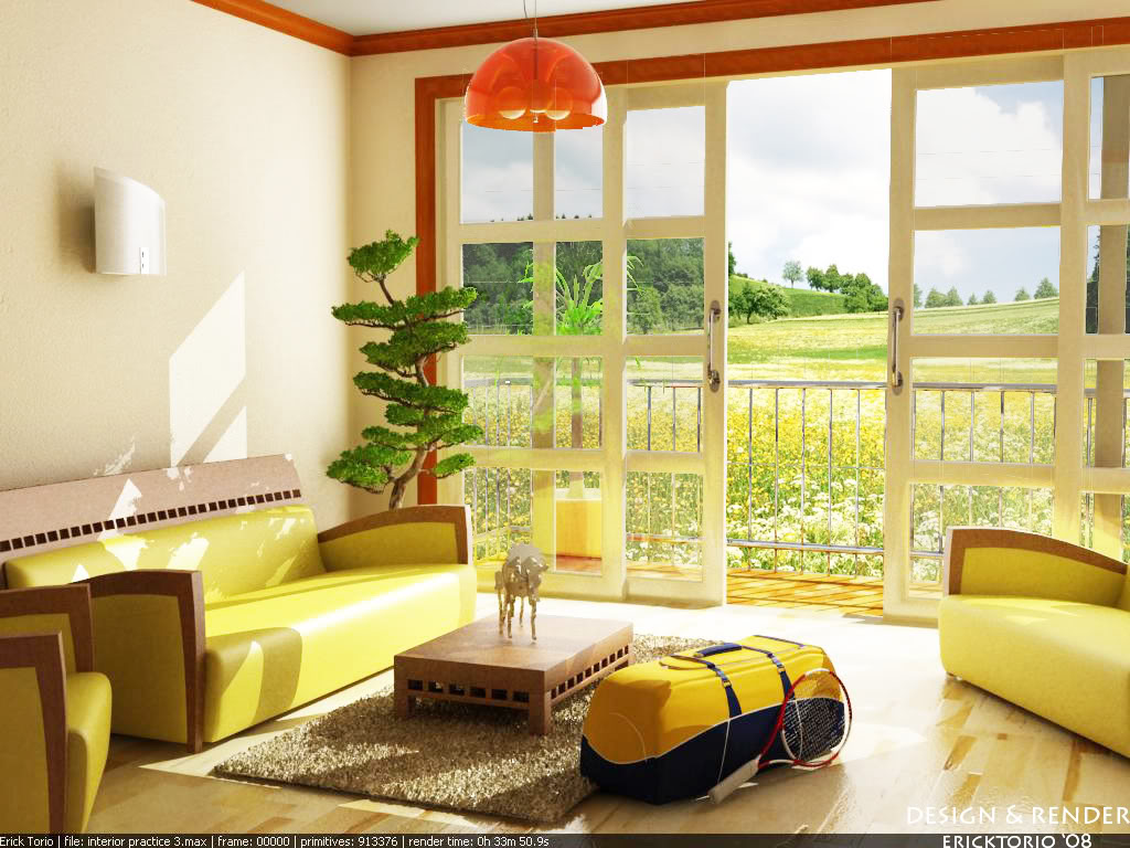 Beautifully arranged yellow sofas in an open living room