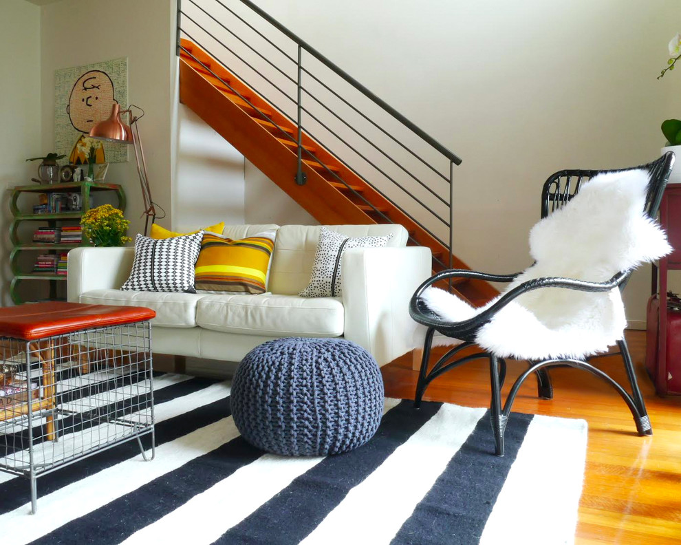 Black and white striped rug in a cheerful and warm living room