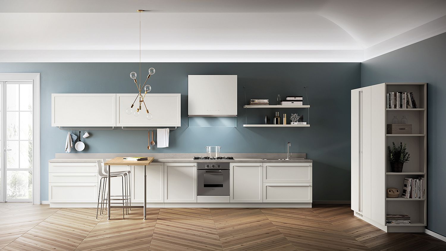 Blue brings an air of sophistication to the kitchen in white