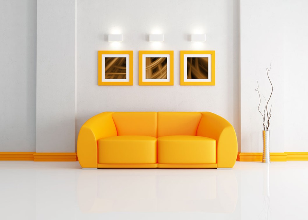 Bold yellow sofa creates a consistent interior