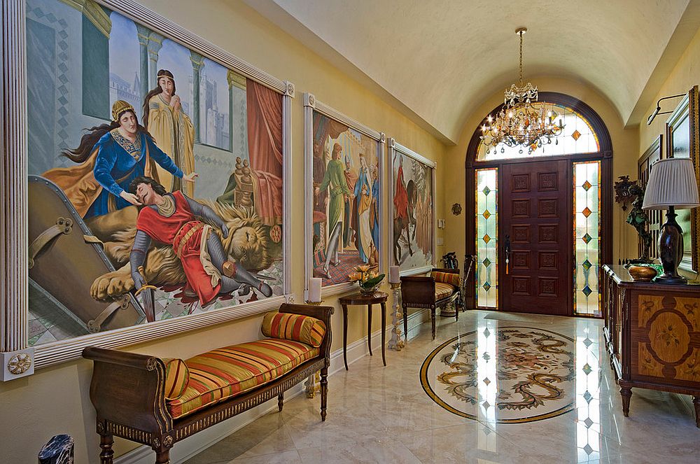 Cathedral ceiling and wall murals create a grand Victorian style entry