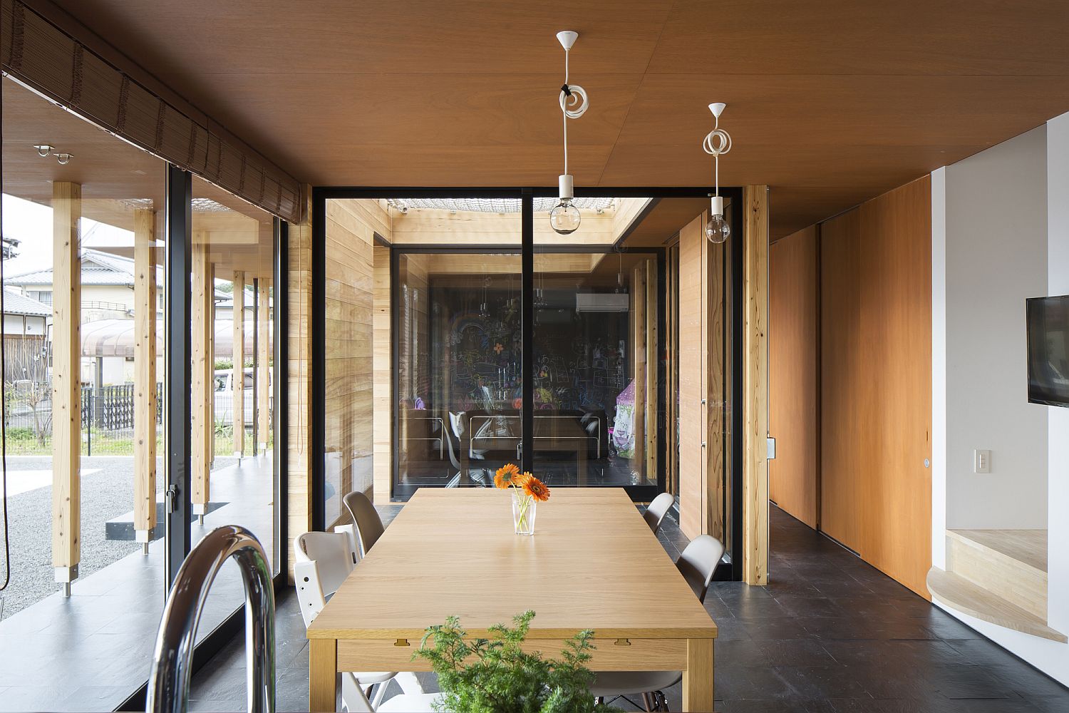 Cedar walls and glass windows of the smart workzone and dining area