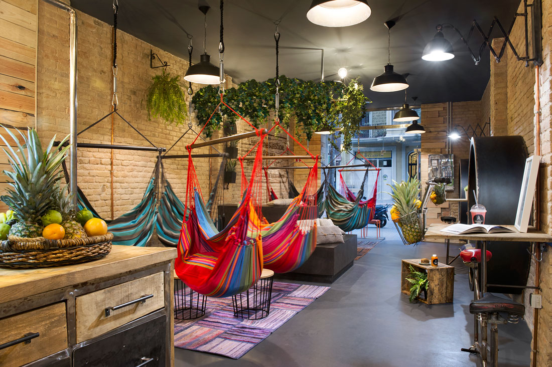 Colorful hammock chairs in shades of red and blue