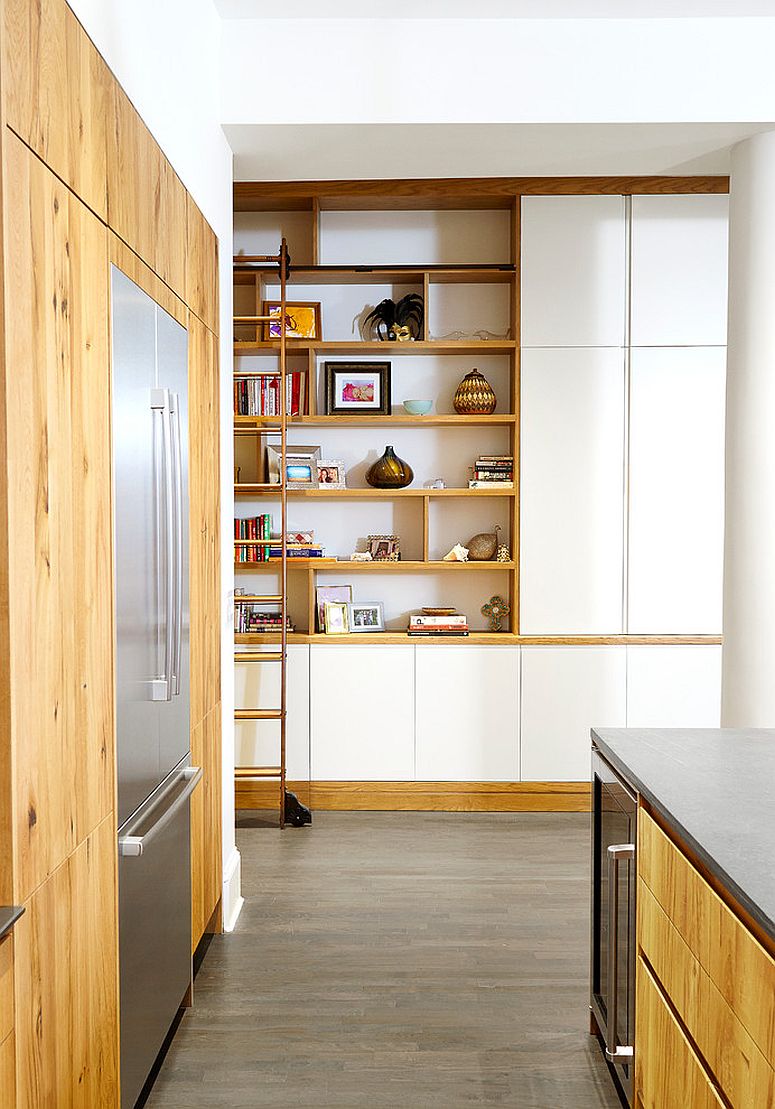 Contemporary kitchen with ample shelving next to it