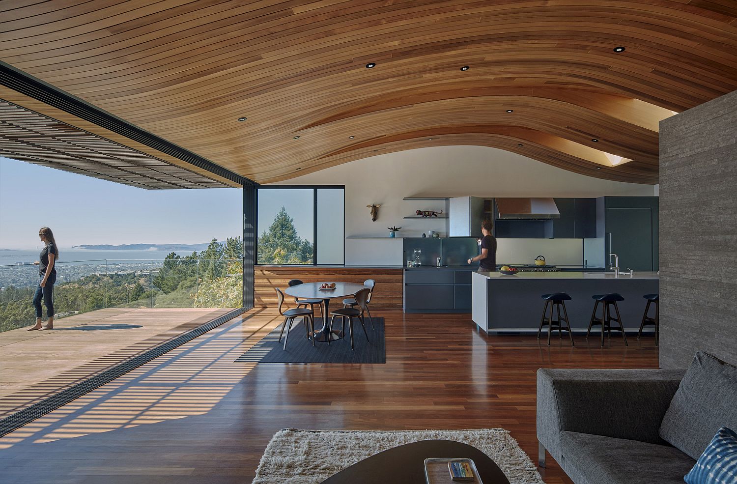 Wood Tube and Curved Ceiling  Shape Skyline House Atop 