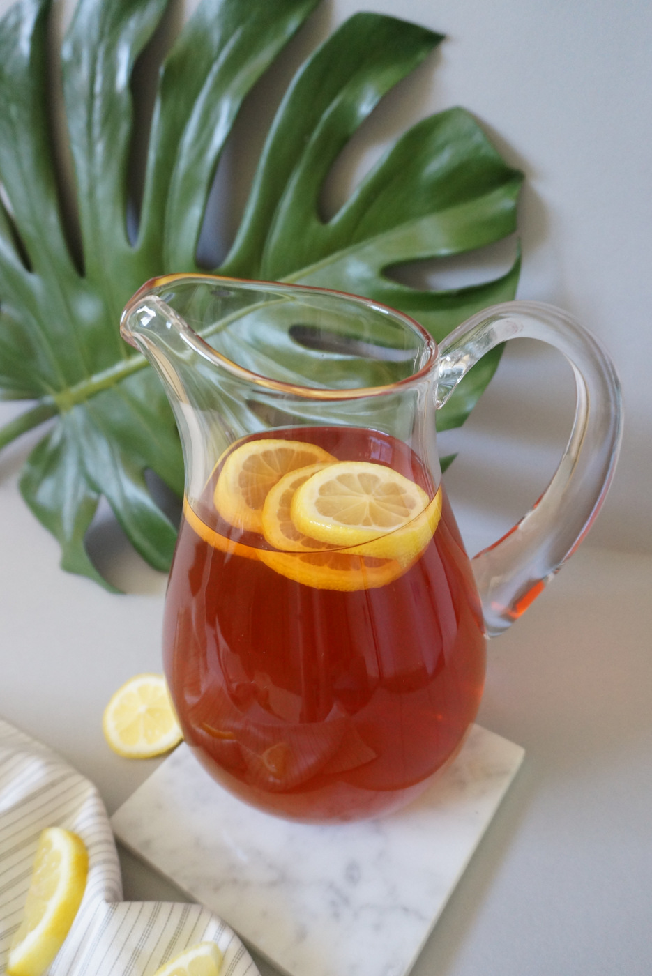 Iced tea in a glass pitcher