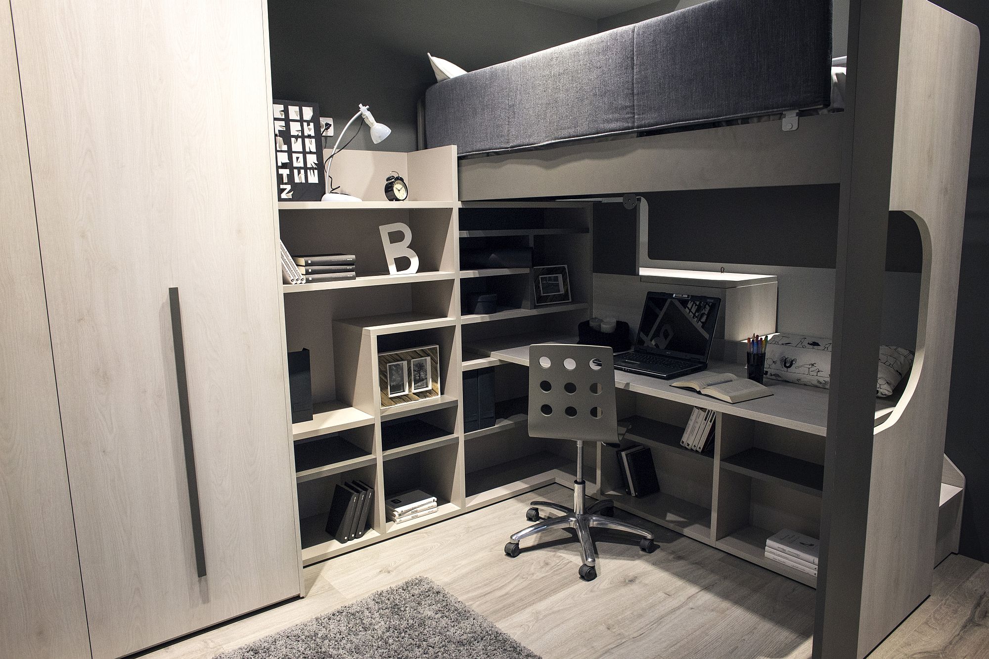 Kids' loft bed with study zone underneath