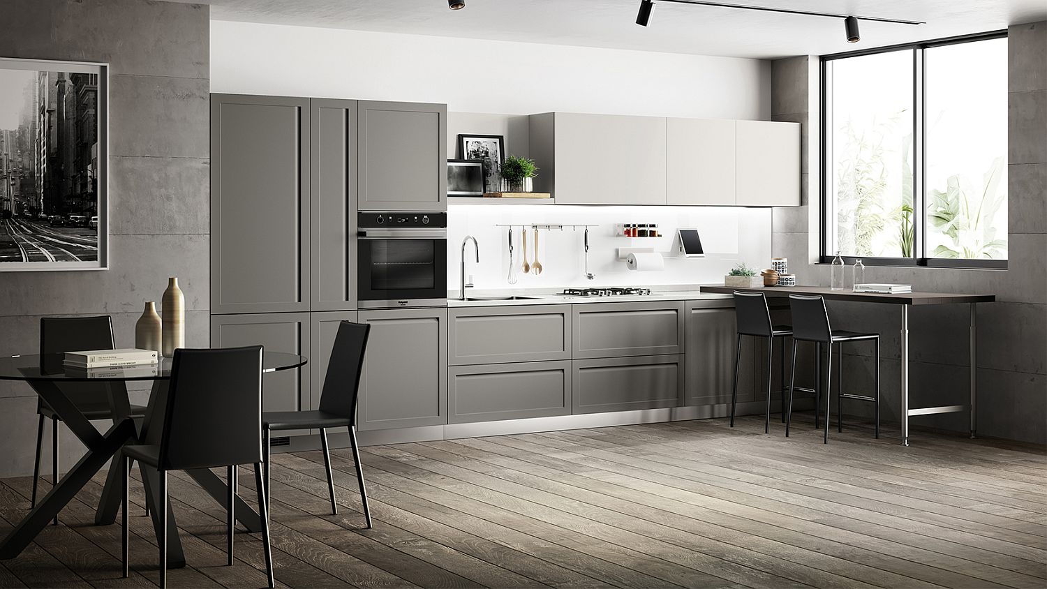 L-shaped kitchen in the corner in gray and white