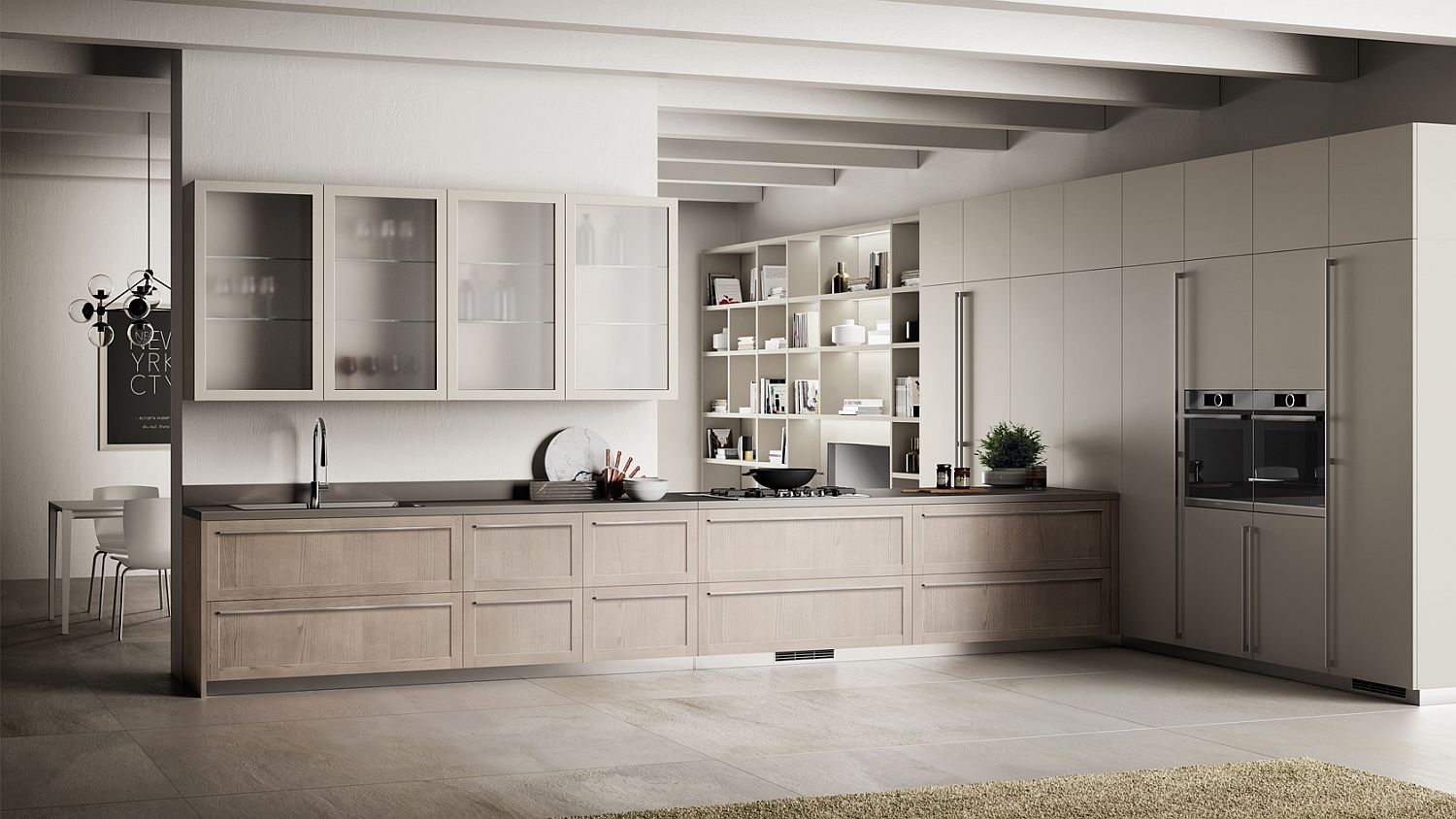 Lovely wall-mounted units with cool wooden cabinets in the kitchen