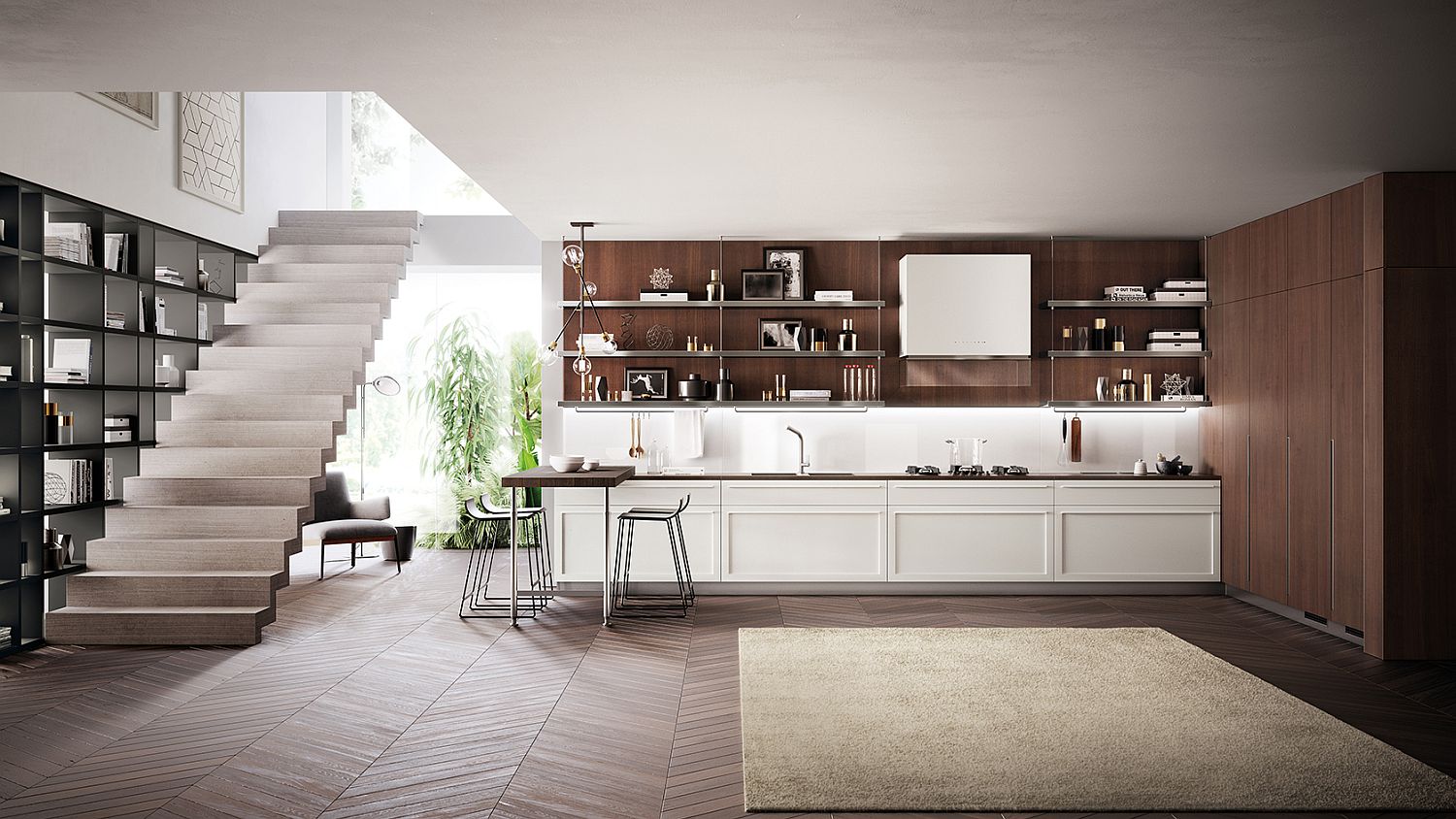 Modern kitchen with breakfast bench and a lovely wooden backsplash