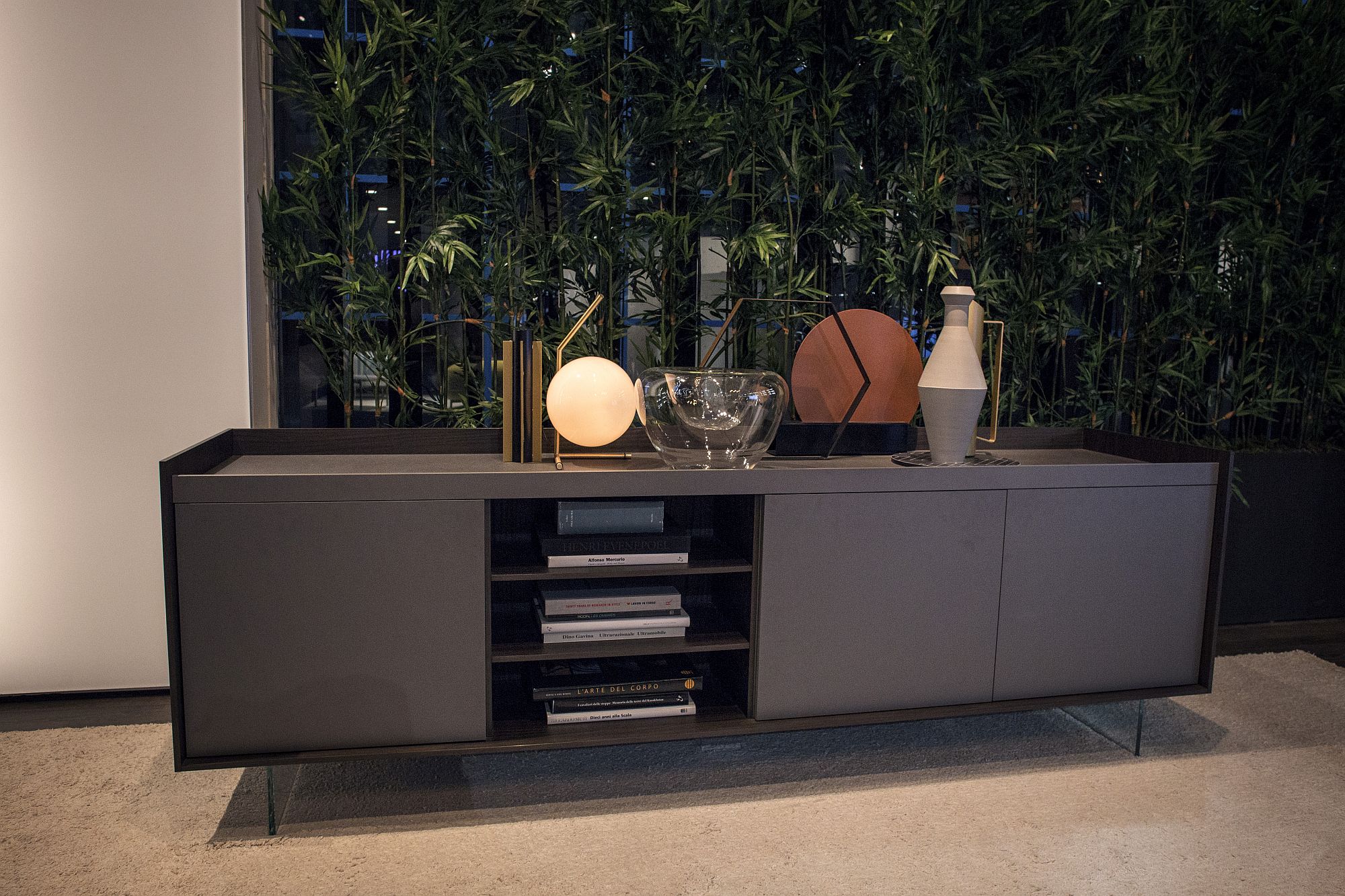 Open shelves coupled with closed cabinets for a smart, modern sideboard