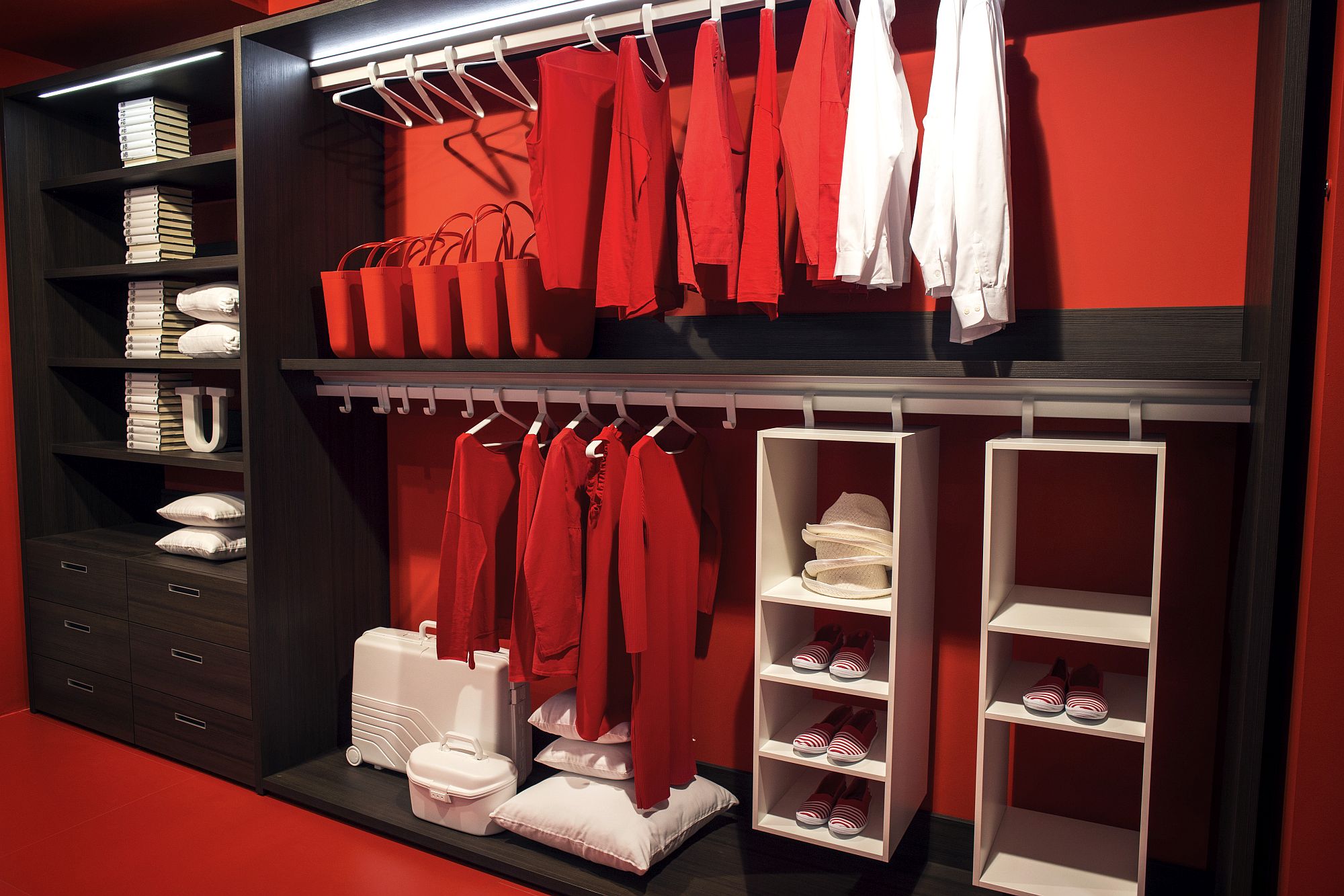 Open-wooden-closet-in-red-and-black-offers-plenty-of-space-for-your-entire-wardrobe