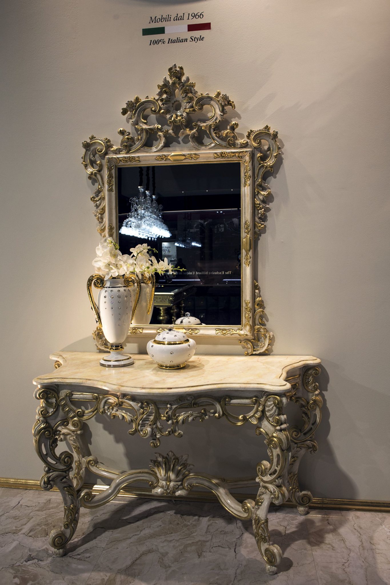 Ornate entryway console table couple with an equally captivating mirror