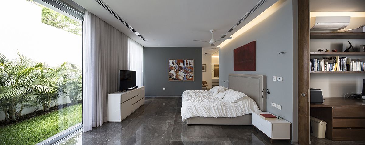 Polished contemporary bedroom in gray and white