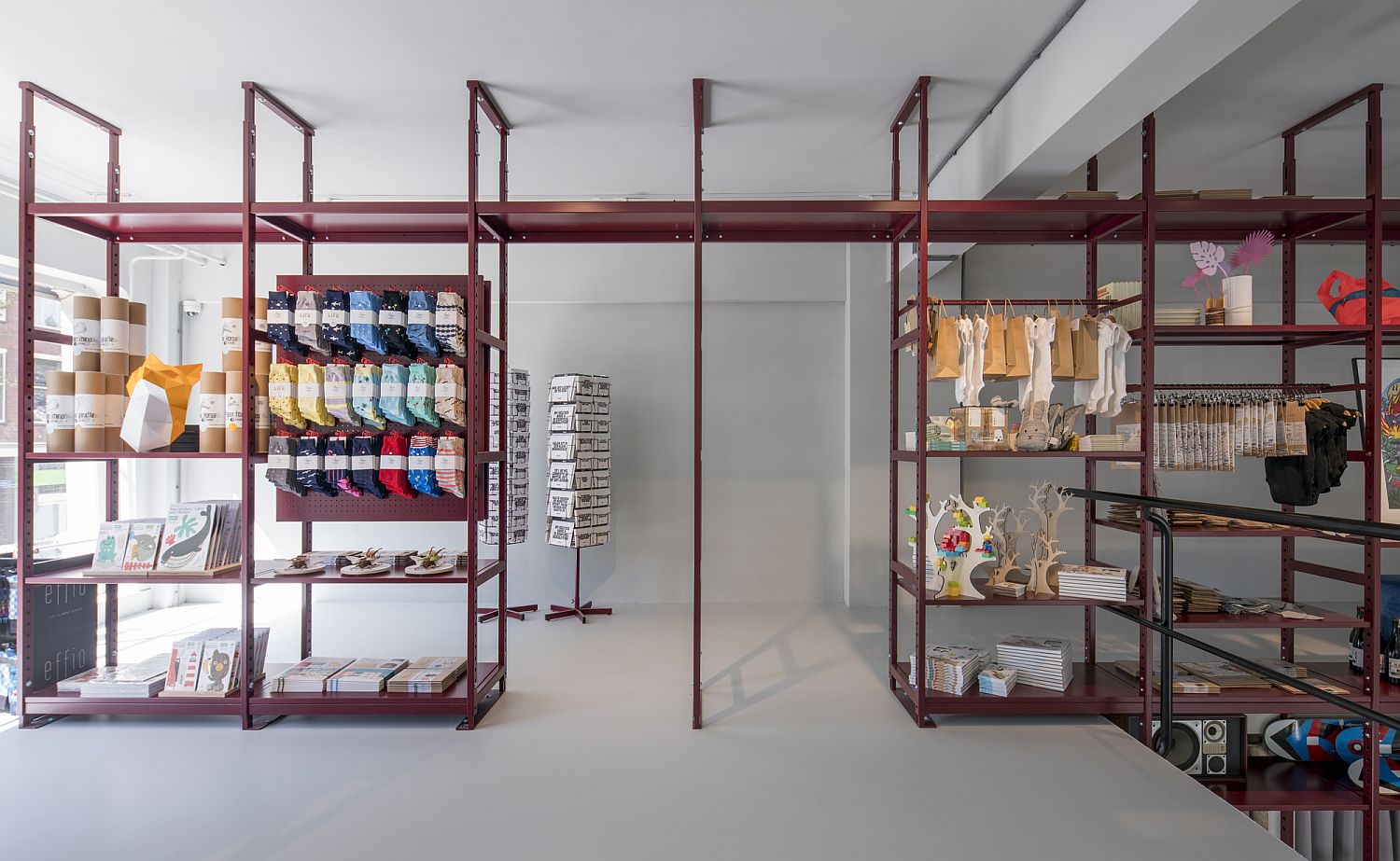 Simple and industrial style shelving provides ample display space