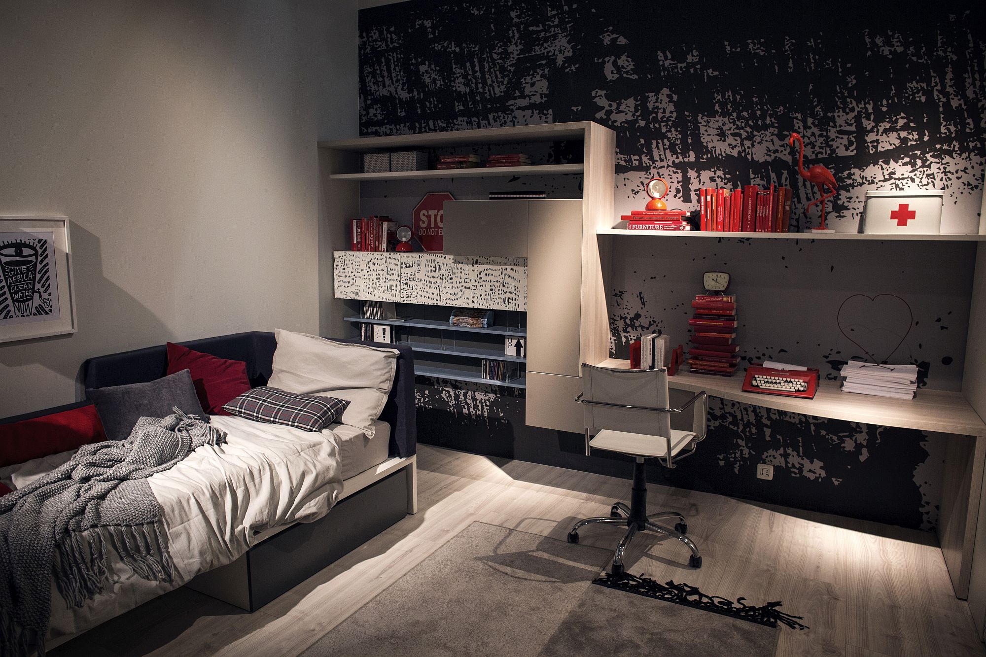 Smart teen bedroom with pops of red and black