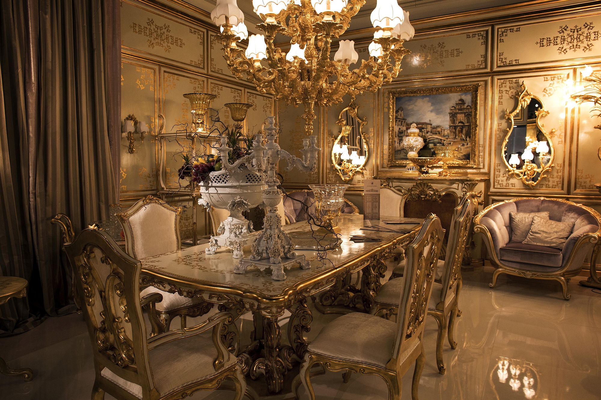 dining room with golden table