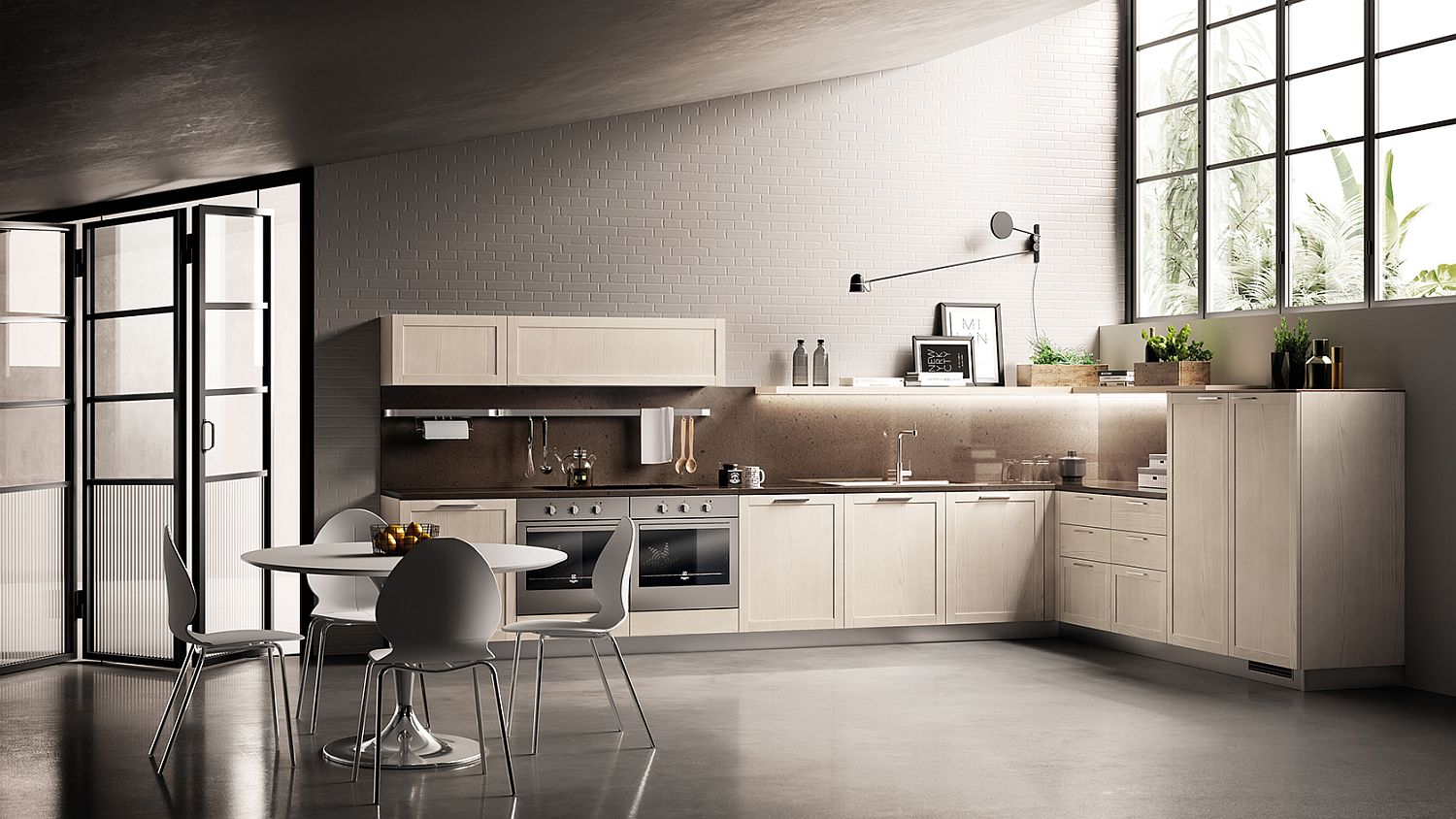 Tiled walls coupled with wooden backsplash in the classic-contemporary kitchen