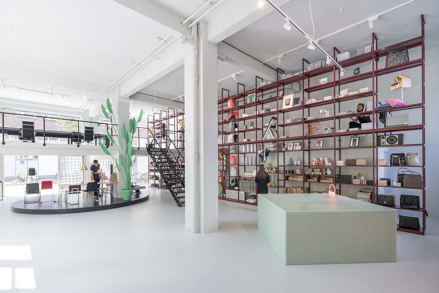 Track lighting provides further illumination inside the spacious store