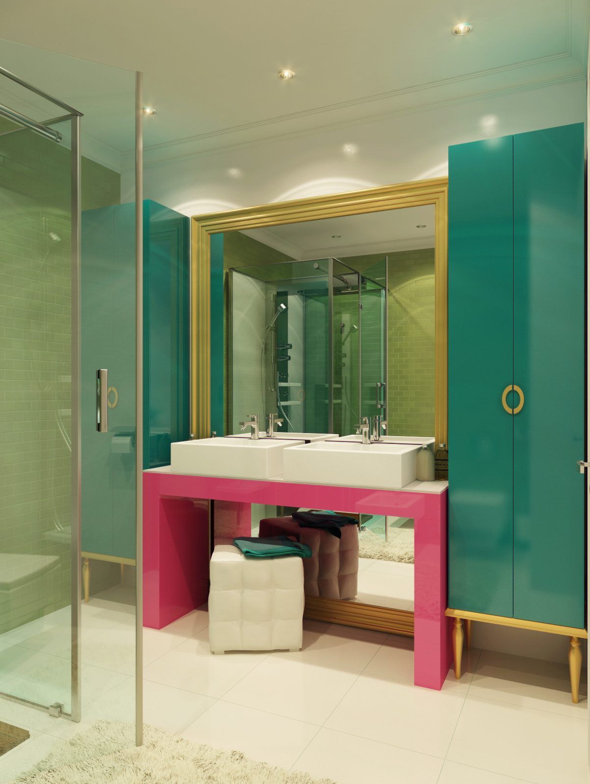 Turquoise bathroom paired with gold and pink elements