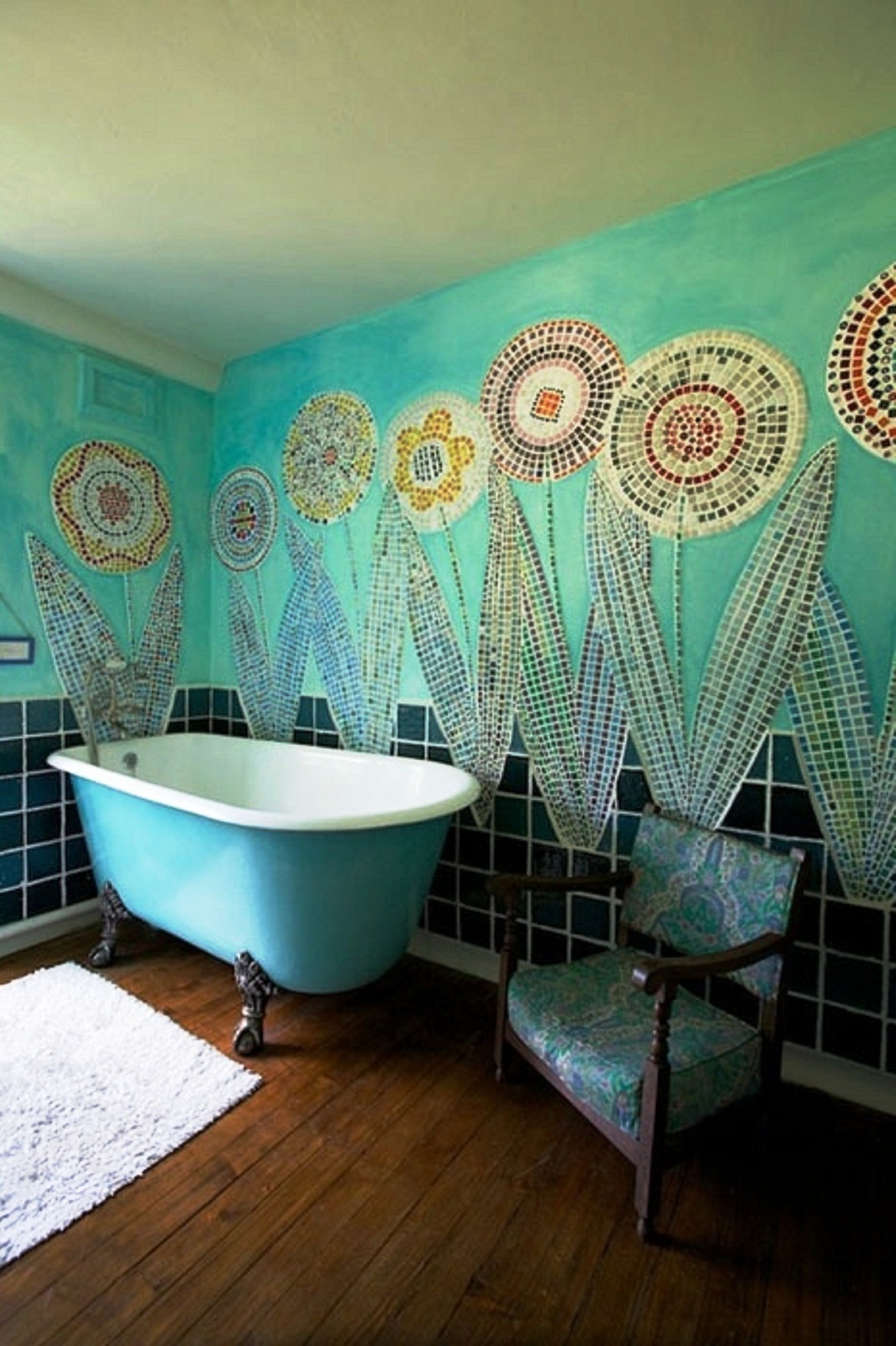 Turquoise bathroom with unique wall decor