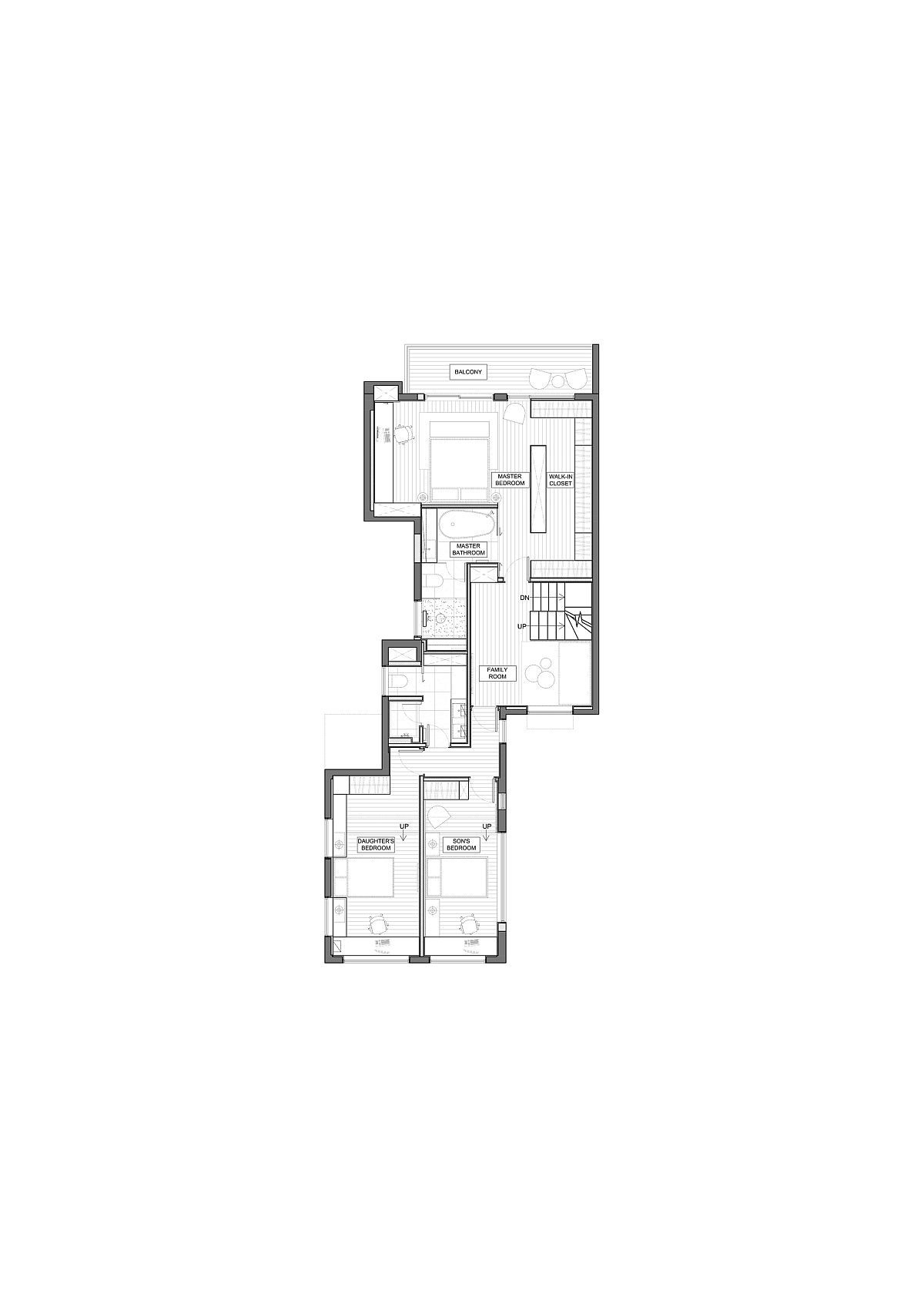 Upper level floor plan with kids' and master bedroom