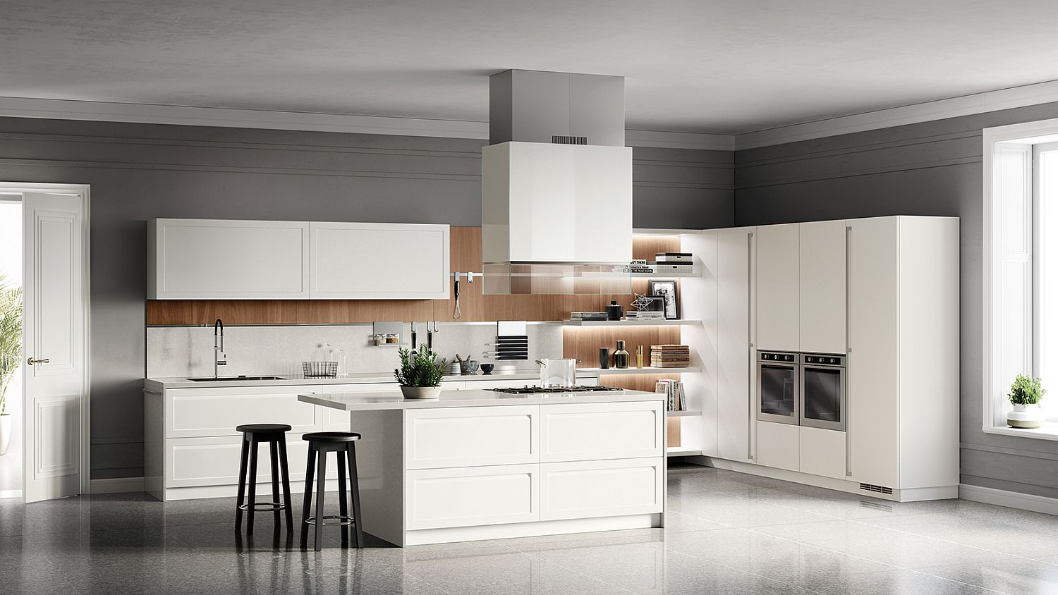 Walnut veneered backsplash for the contemporary kitchen in white