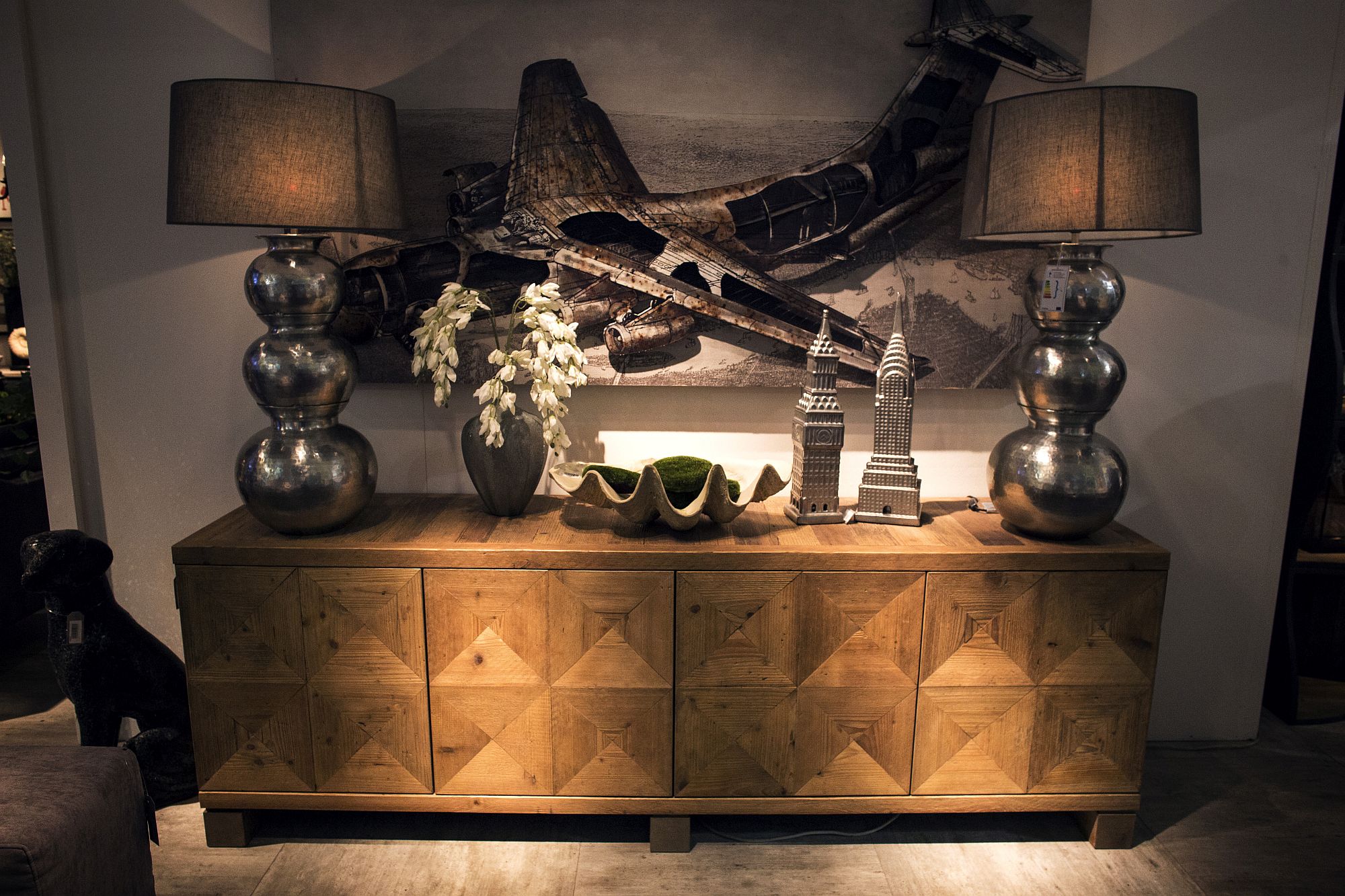 Wooden sideboard also brings pattern to the interior