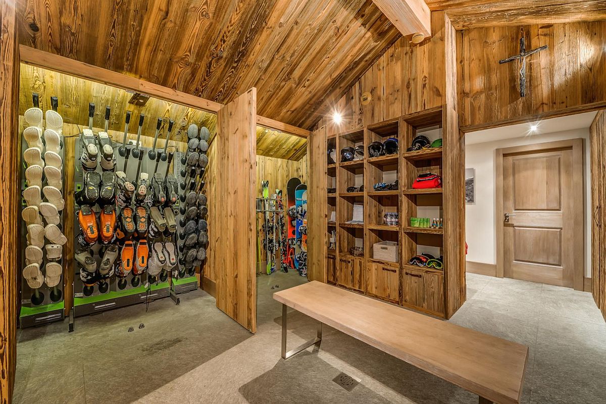 Boot room at the extravagant ski chalet in French Alps