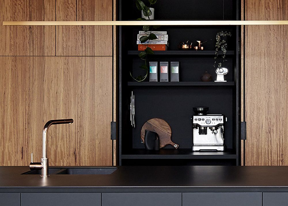 Closer look at the kitchen cabinet in black and wood