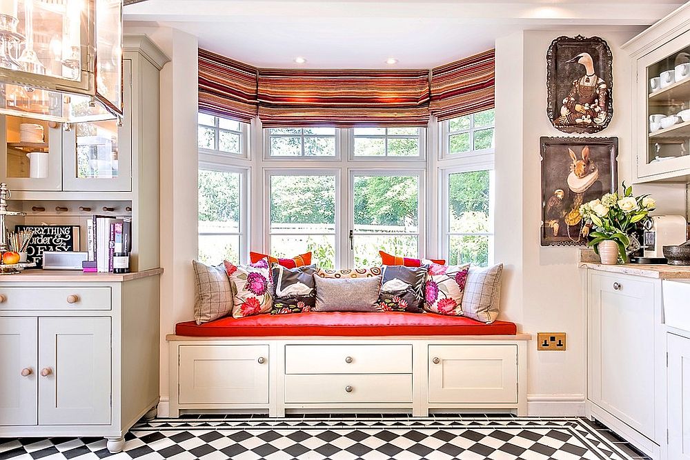 Colorful seating brings cheerful charm to the classic kitchen