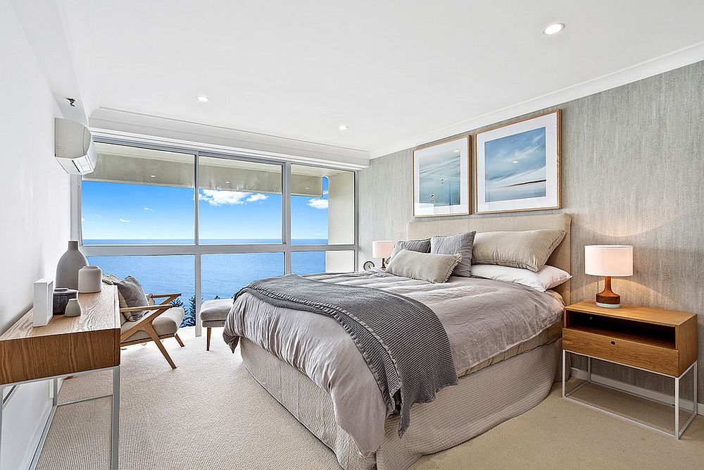 Contemporary coastal style bedroom in gray and blue