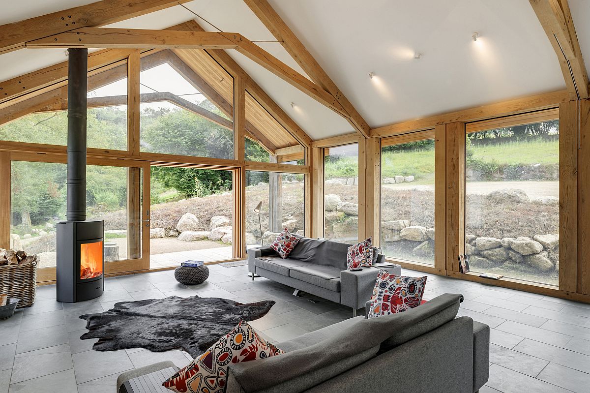 Contemporary extension of the original building with timber and glass frame