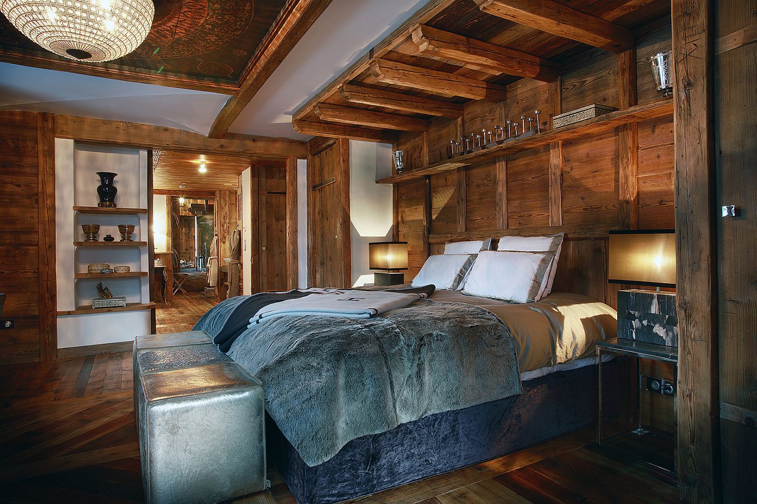 Cozy bedroom of the luxury French chalet in Val d’Isère
