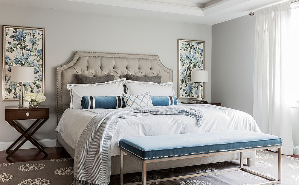 Dashing contemporary bedroom in gray with bright blue accents