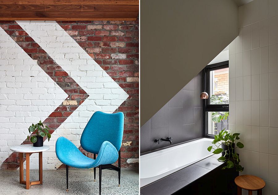 Exposed and painted brick wall inside the modern extension and bathroom in white