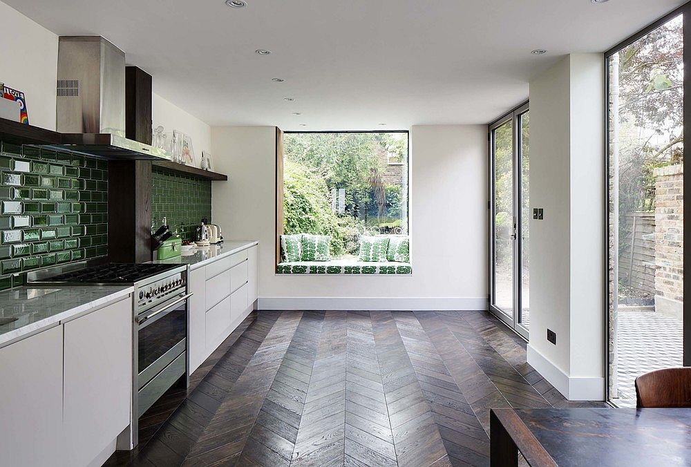 Fabulous modern kitchen with window seat added to a classic London home