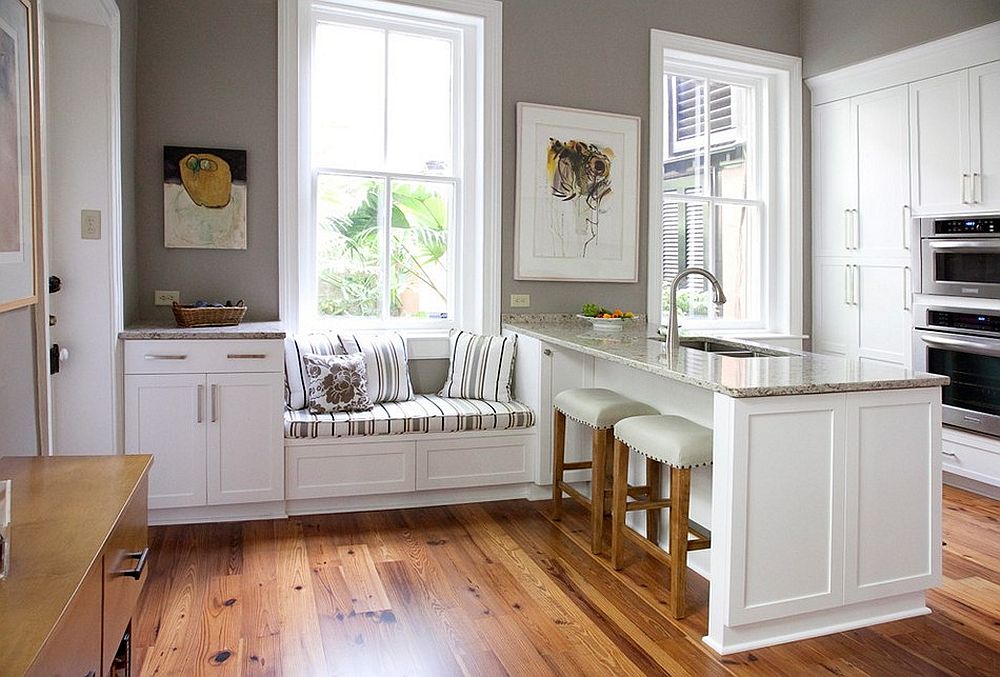 Gray And White Kitchen With Smart Window Seats 