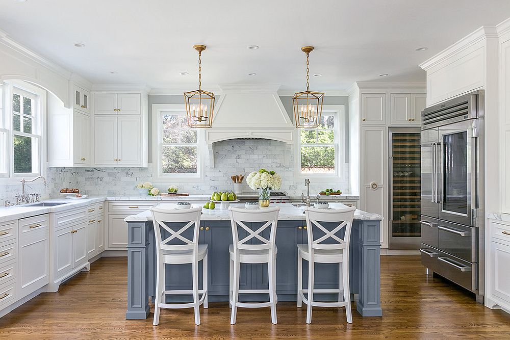 light grey kitchen with blue island