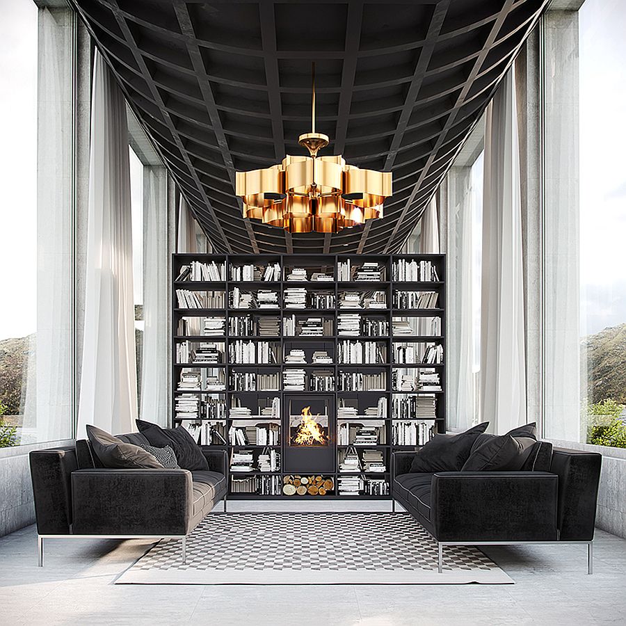 Large black bookshelf in the living room