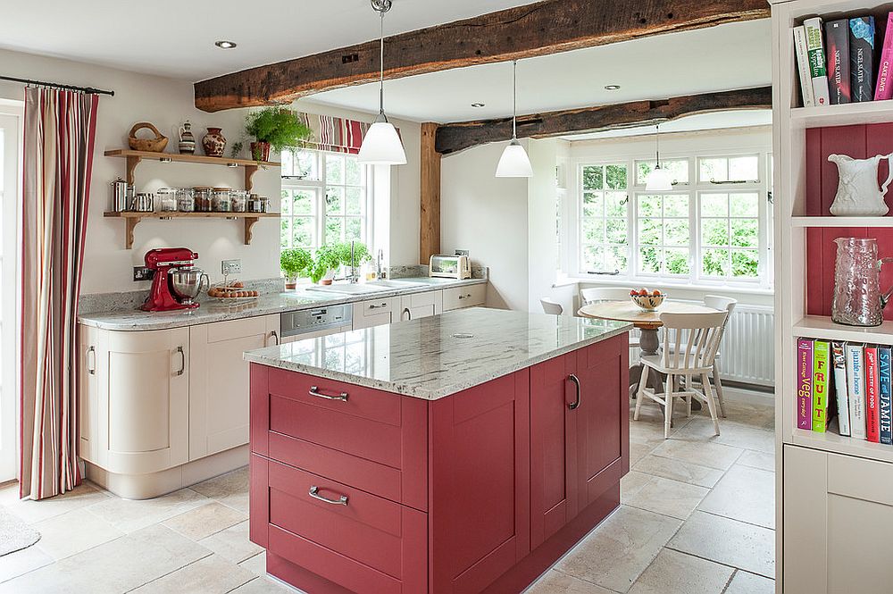 Modern farmhouse style kitchen with bright island in red