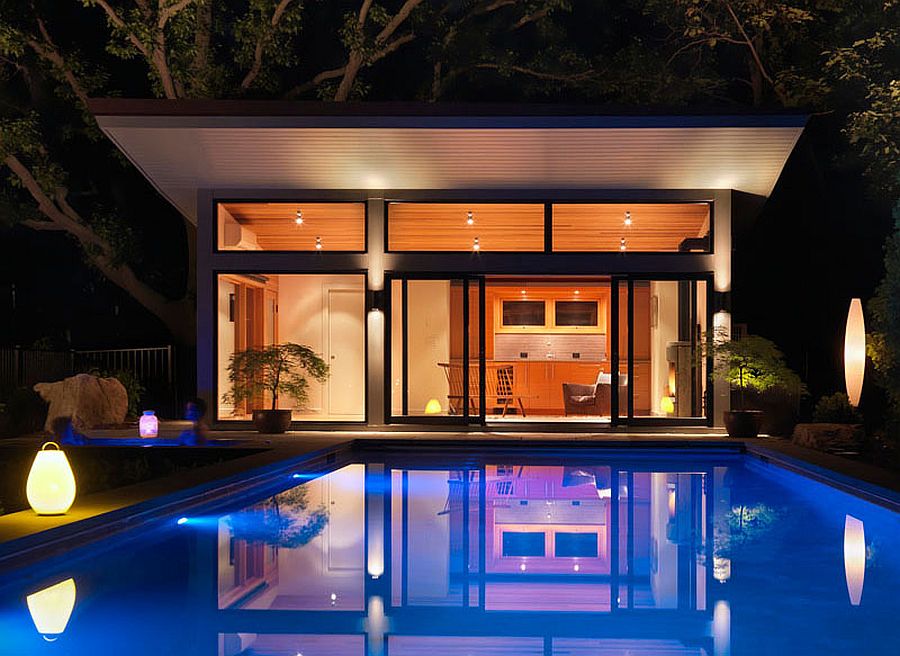 Modern guest house and lap pool of the Eastern Point Retreat