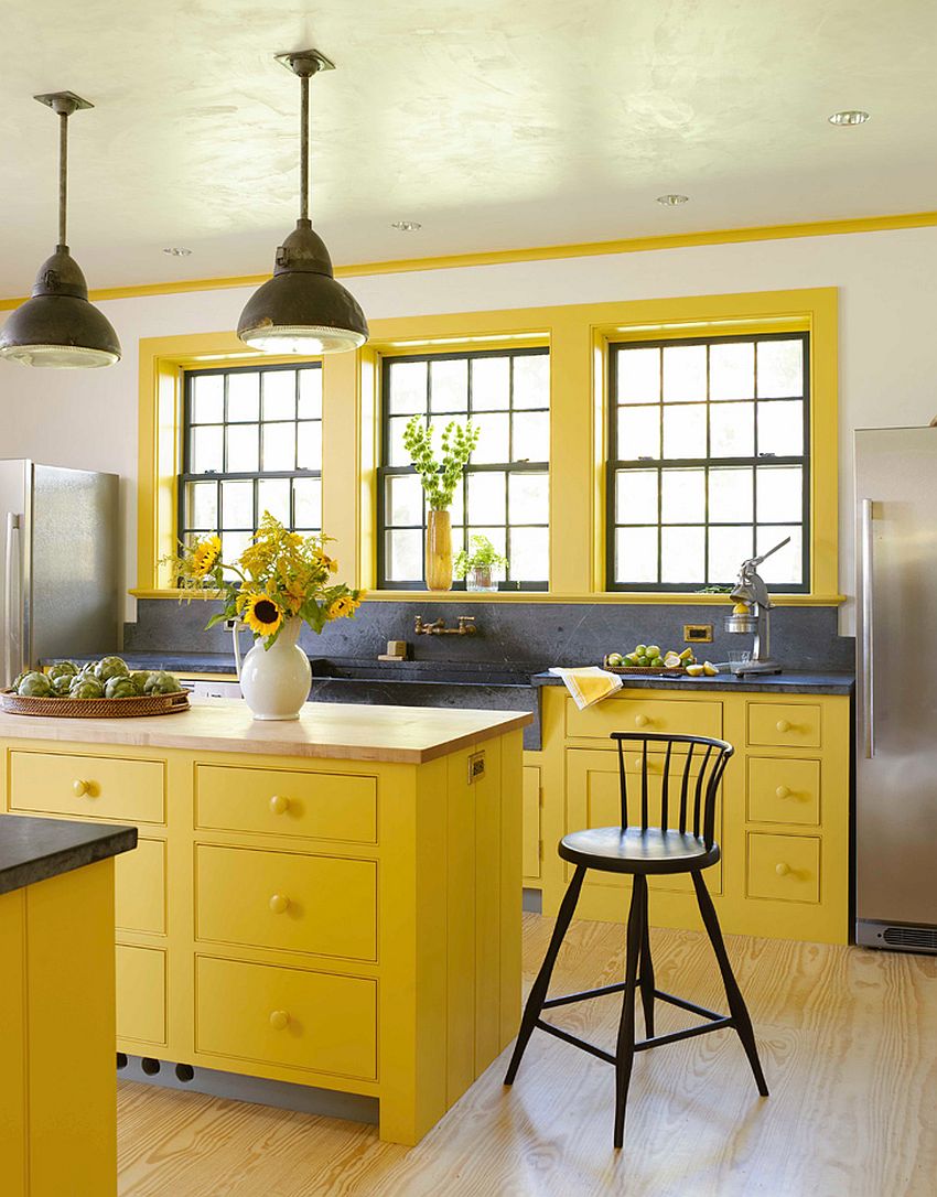 Modern kitchen in yellow, white and gray