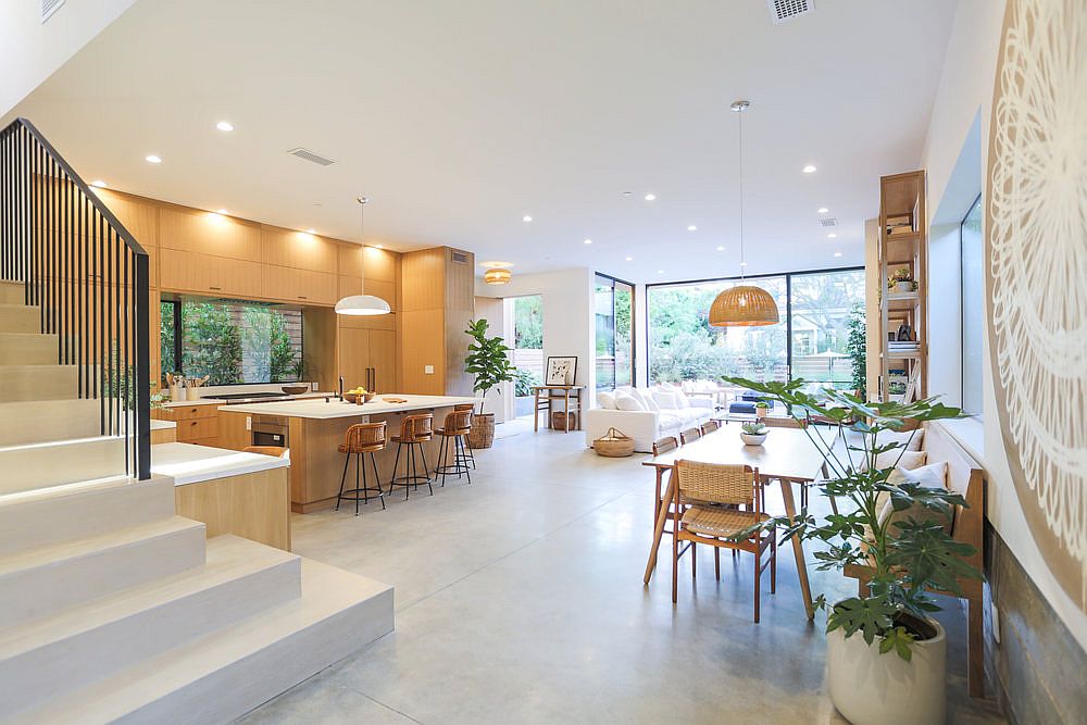 Natural wooden finishes coupled with white in the living room