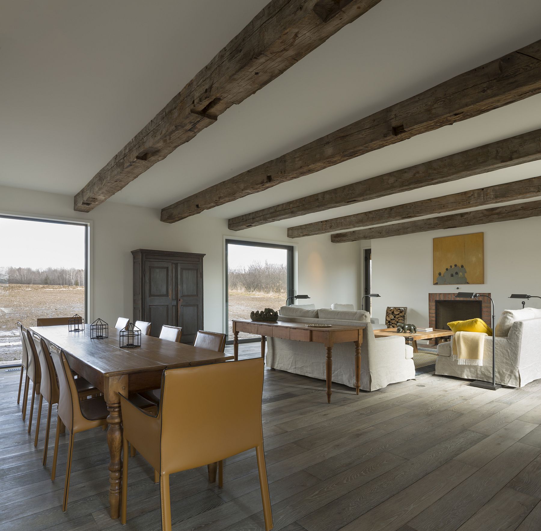 Open plan living area and dining room with farmhouse style